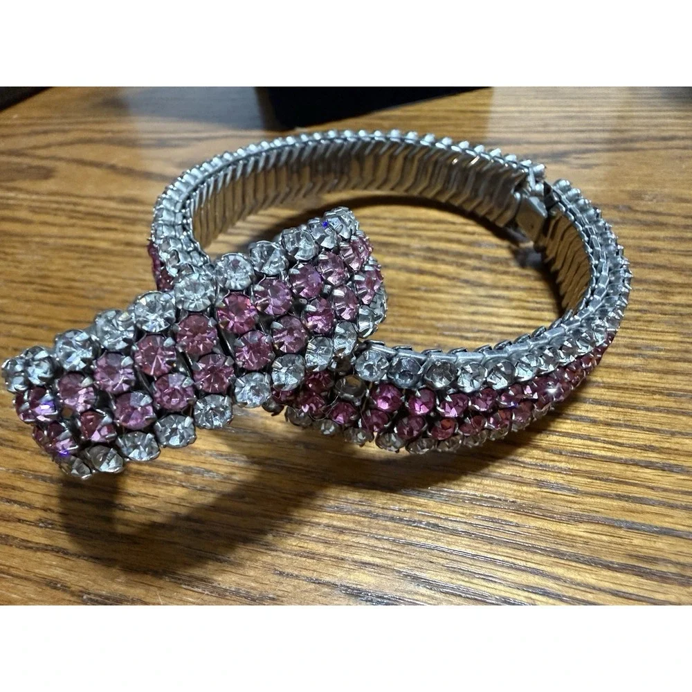 Art Deco Style Pink Clear Rhinestone Expansion Choker Necklace & Bracelet USA